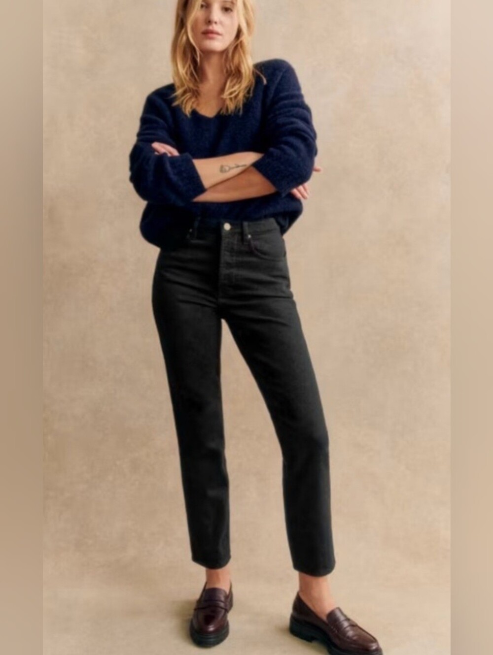 Sézane Le Brute Sexy Cropped Jeans Black High Waisted Straight Leg Denim